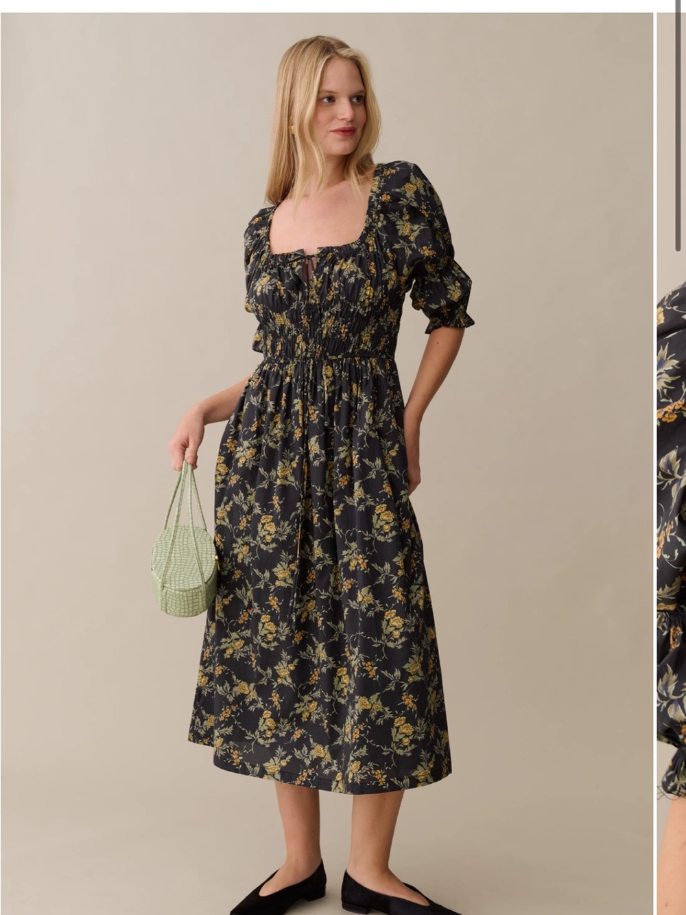 NEW Few Moda Sorella Marguerite 100% Cotton Smocked Square-Neck Midi Dress